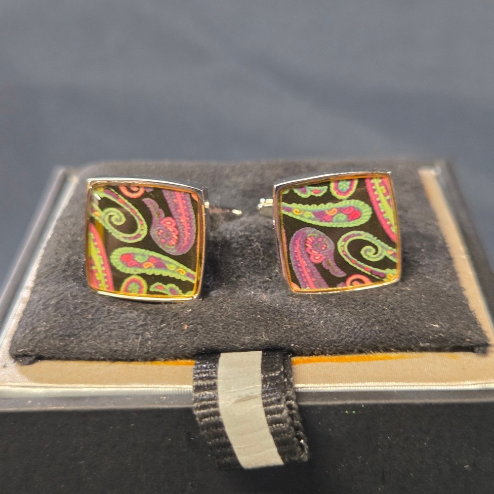 Paul Smith Paisley Square Cufflinks Silver Tone Multi Color Designer Mens